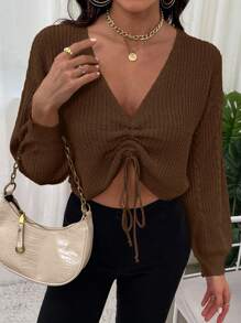 EMERY ROSE V 领抽绳宽松针织毛衣，棕色女式毛衣，长袖上衣