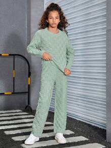 Tween Girls' Simple Knit Long Sleeve Sweater Set, Autumn & Winter - Green - View 9