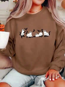 SHEIN LUNE 万圣节幽灵蝙蝠印花圆领女式运动衫 - 咖啡棕 - 查看 3