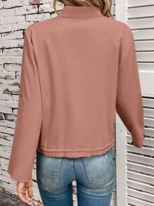 SHEIN LUNE Spring & Autumn Casual Solid Stand Collar Drawstring Hem Rolled Sleeve Short Jacket - Coral Pink - View 2