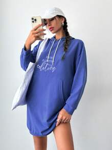 EURMUSE Letter Graphic Kangaroo Pocket Drop Shoulder Drawstring Hoodie Dress - Blue - View 3