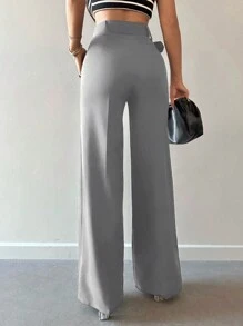 EURMUSE Solid Color Wide Leg Suit Pants With Belt - Grey - View 2