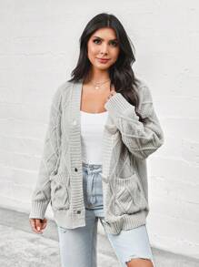 SHEIN LUNE Grey Vintage Twist Knitted Cardigan Sweater, Suitable For Spring And Autumn - Grey - View 3