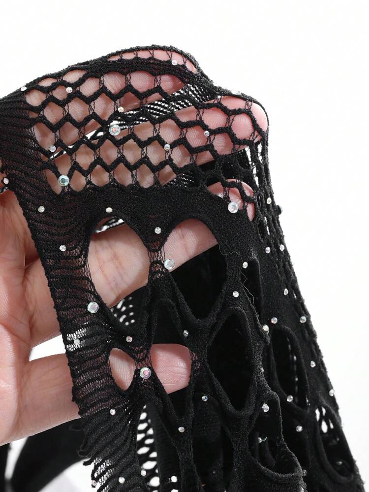 Spaghetti Strap Knit Hollow-Out Rhinestone Sexy Sheer Nightgown Lingerie For Women
