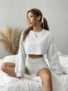 SHEIN EZwear Women's Casual Solid Color Cropped Sweatshirt, Spring Autumn,Long Sleeve Tops Graduation,Back To School Outfits,Graduation,Teacher Outfits For Women,Back To School - Grey - View 5