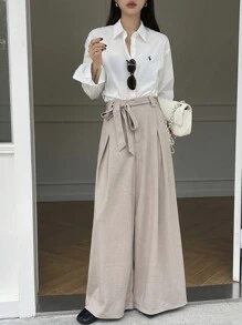 DAZY Solid Color Loose Wide Leg Pants With Pockets And Belt For Women Business Attire - Apricot - View 6