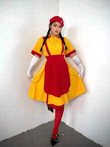 Flirla Halloween Cosplay Two Broke Girls Graphic Crop Dress, Suitable For Bar, Fastfood Job Uniform, Performance Outfit - Multicolor - View 5