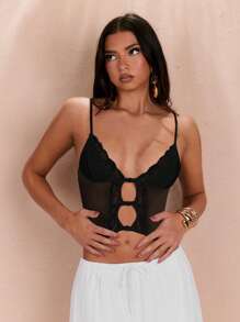 SHEIN BAE Women's Solid Color Lace Patchwork Camisole - Black - View 3