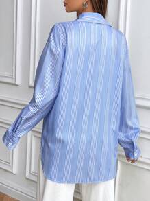 Flirla Women's Fashionable Casual Blue And White Striped Blouse