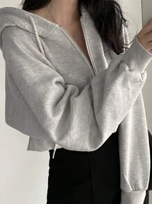 DAZY Women Hooded Short Zipper Sweatshirt, Blank Hoodie,Long Sleeve Tops,Fall Women Clothes Jacket - Grey - View 4
