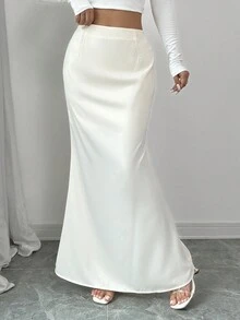 Chiquease Regular Elegant Minimalist Solid Color Mermaid Maxi Skirt, Autumn - Champagne - View 3