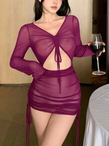 DAZY Sheer Mesh Ruched Front Cutout Sexy Nightgown - Purple - View 1