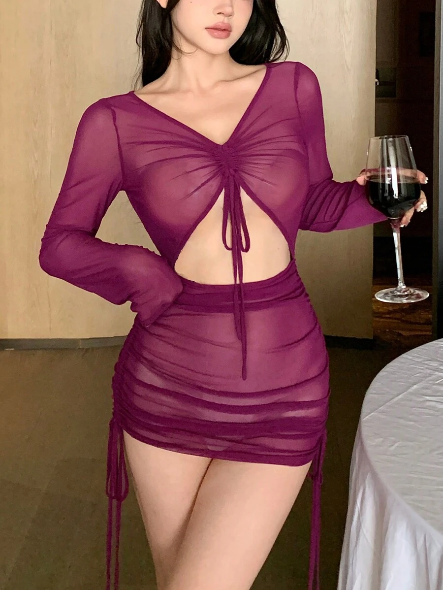 DAZY Sheer Mesh Ruched Front Cutout Sexy Nightgown - Purple - View 1