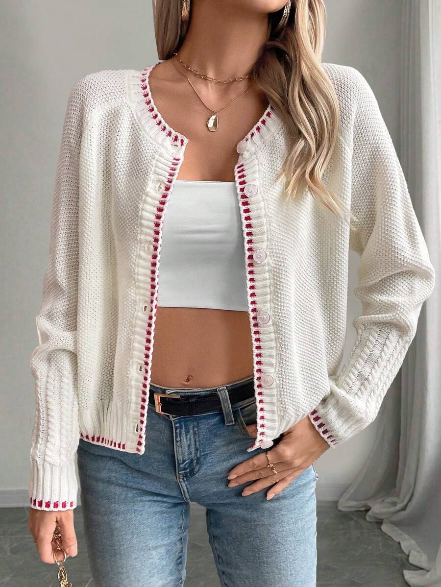 SHEIN LUNE Retro Chic Color Block Trim Loose Knit Cardigan, European & American Style - White - View 1
