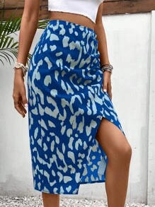 SHEIN LUNE 全印花前开衩休闲裙 - 藍色 - 查看 5