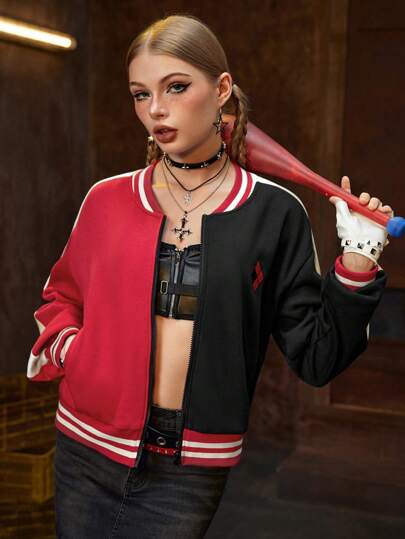 Harley Quinn | ROMWE Letter Logo Embroidered Patchwork Colorblock Loose Crop Street Jacket For Women