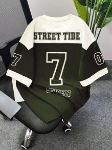 Manfinity Joysei Camiseta de cuello redondo de manga corta con estampado de bloques de color, estilo de camiseta de baloncesto y fútbol para hombres - Verde militar - Ver 2