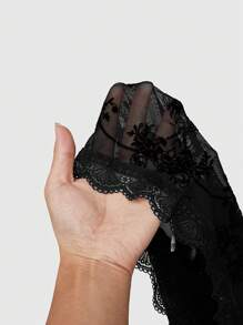 ROMWE Gothic Versatile Slit Bell Sleeve Women Retro Flocked Black Lace Top - Black - View 6