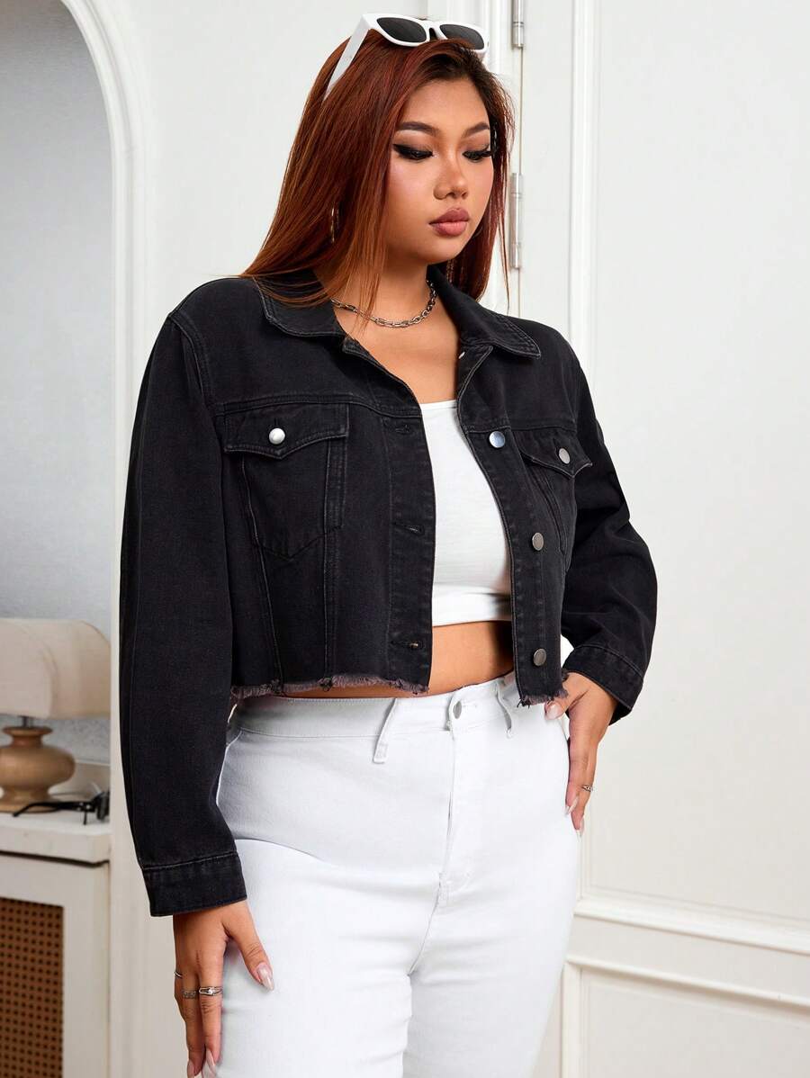 SHEIN EZwear 加大码纽扣长袖流苏下摆设计时尚潮流牛仔夹克 - 黑色 - 查看 1