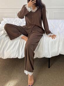 DAZY Lace Patchwork Knit Pajama Set - Coffee Brown - View 6