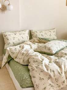 3 件套 Ditsy 花卉床上用品套装，绿色和米色配色的茶道图案，舒适的印花羽绒被套和枕套套装，适合单人床/双人床/大号床/特大号床
