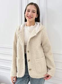 SHEIN 青少年女孩驼色加绒加厚连帽纽扣宽松休闲夹克 - 駝色 - 查看 4