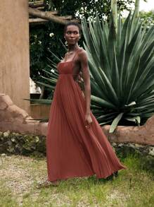 Maija Vestido Vermelho Tijolo Feminino, Roupa de Férias de Verão, Vestido de Praia Sólido Boêmio Moderno de Resort, Vestido Plissado Sem Mangas Minimalista