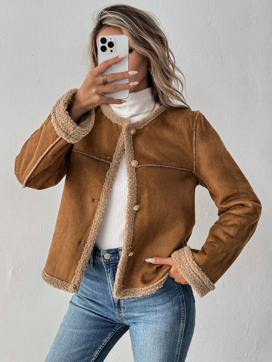 SHEIN LUNE Áo khoác thường ngày dài tay màu trơn cài nút tương phản cho nữ, quần áo mùa thu - Lạc đà - Xem 1