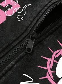 Manfinity Roghcode Men's Simple Print Hooded Long Sleeve Sweatshirt Sweatshirt - Black - View 5