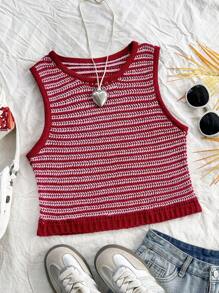 Soleia Camiseta de punto básica rosa con rayas y tela de punto acanalado para mujer con estilo de vacaciones