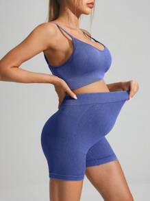 SHEIN Women's Baby Blue Seamless Maternity Shorts,Summer Gym Sportswear For Pregnant Women,Soft Fabric Supports Belly,Casual Tight-Fitting Daily Wear - Blue - View 6