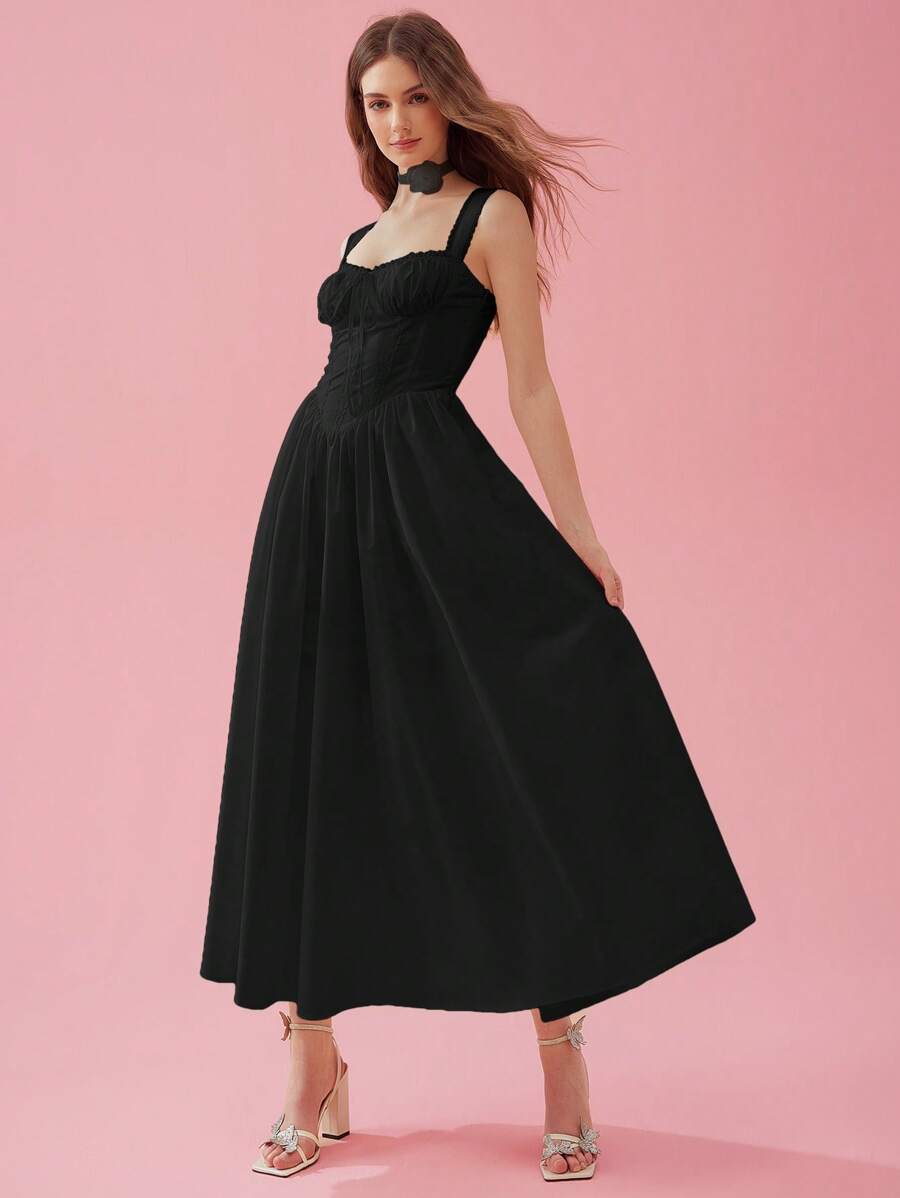 Enchnt 女士纯色粗肩带无袖吊带连衣裙，夏季