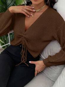 EMERY ROSE V 领抽绳宽松针织毛衣，棕色女式毛衣，长袖上衣