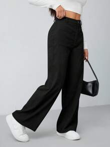 SHEIN PETITE 女式秋冬双口袋直筒裤 - 黑色 - 查看 4