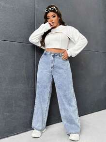 SHEIN ICON Plus Size Solid Color Casual Straight Leg Boyfriend Jeans With Pockets