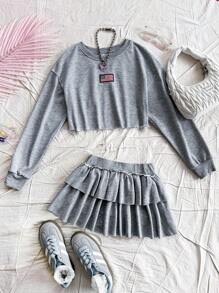 Soleia 2 件套休闲短款长袖运动衫和蛋糕中裙 - 灰色 - 查看 3