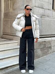 RueChic Padded Coat With Drawstring Hem, Zipper, Hood, Warm And Fashionable - White - View 5