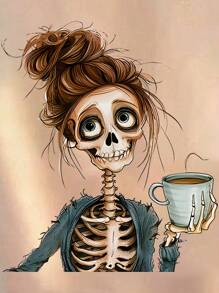 Flirla 大码圆领短袖骷髅印花休闲T恤女式上衣 - 杏色 - 查看 3