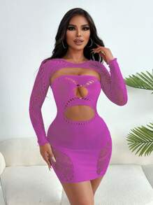 VaVaBold 时尚透明网眼纯色镂空圆领紧身长袖连衣裙 - 紫色 - 查看 3