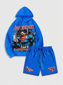 ROMWE MEN SUPERMAN X ROMWE Bộ 2 quần áo thể thao in hình anh hùng anime giản dị có dây rút cho nam - Màu xanh lam - Xem 4