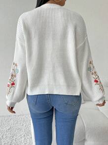 SHEIN ChicEase Floral Embroidery Casual Cardigan - White - View 2
