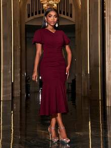 Faeriesty 實心泡泡袖美人魚擺派對禮服 - 酒紅色 - 查看 5