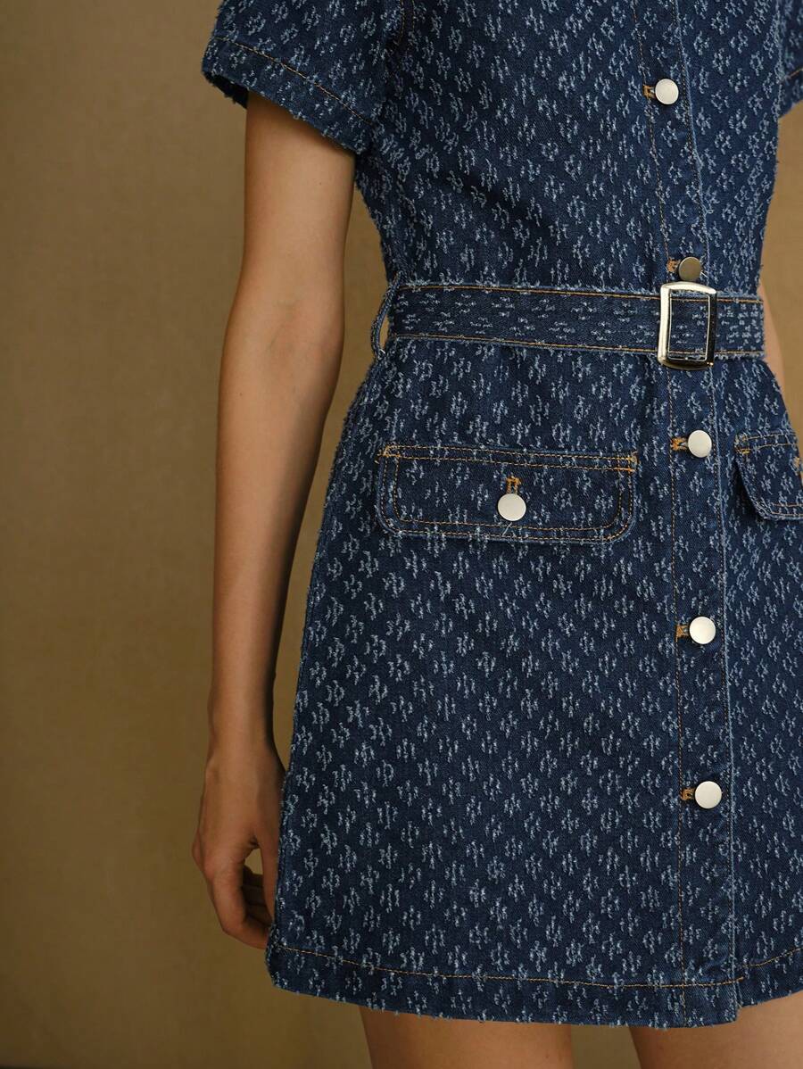 MOTF STUDIO FLAP DETAIL BUCKLE BELTED SWISS DOT DENIM DRESS - Blue - View 2