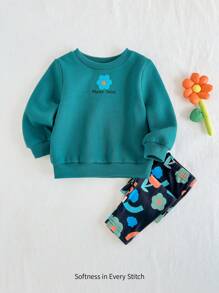 Cozy Pixies 2 件装女婴花卉图案针织柔软圆领长袖运动衫和紧身裤套装