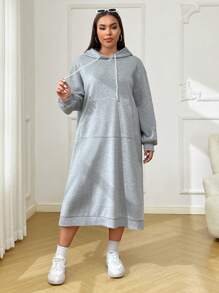 SHEIN EZwear Plus Size Women Gray Long Hooded Sweatshirt Dress With Pockets, Warm Autumn Winter Fall - Grey - View 5
