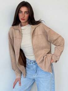 Aloruh Women's Mid-Length Zipper Pocket Fitted Jacket - Khaki - View 3