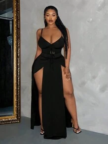 Slaydiva Plus Size Chi tiết dây rút màu trơn gợi cảm Đầm dây đeo spaghetti xẻ cao cho kỳ nghỉ - màu đen - Xem 5