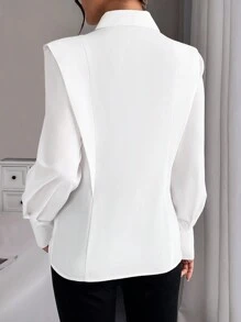 SHEIN Clasi 女士宽肩带长袖纯色衬衫，春秋季，长袖上衣 - 白色 - 查看 2