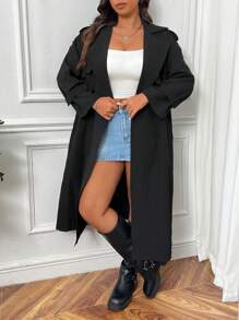 SHEIN EZwear Áo khoác dài bó eo màu đen cổ điển cỡ lớn, thu đông - màu đen - Xem 3