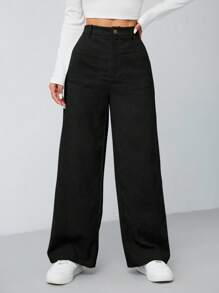 SHEIN PETITE 女式秋冬双口袋直筒裤 - 黑色 - 查看 7